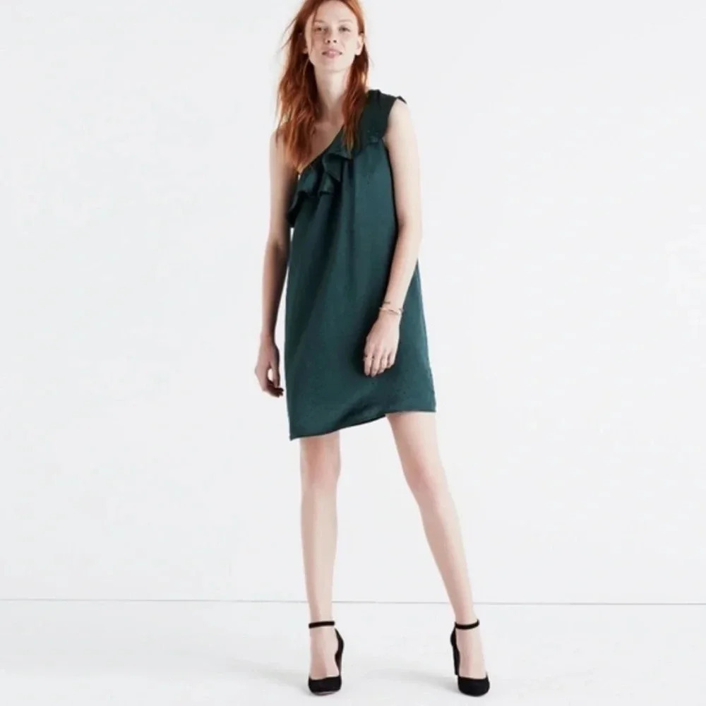 Madewell Emerald Green Silk Dancefloor Polka Dot One Shoulder Dress Size 10